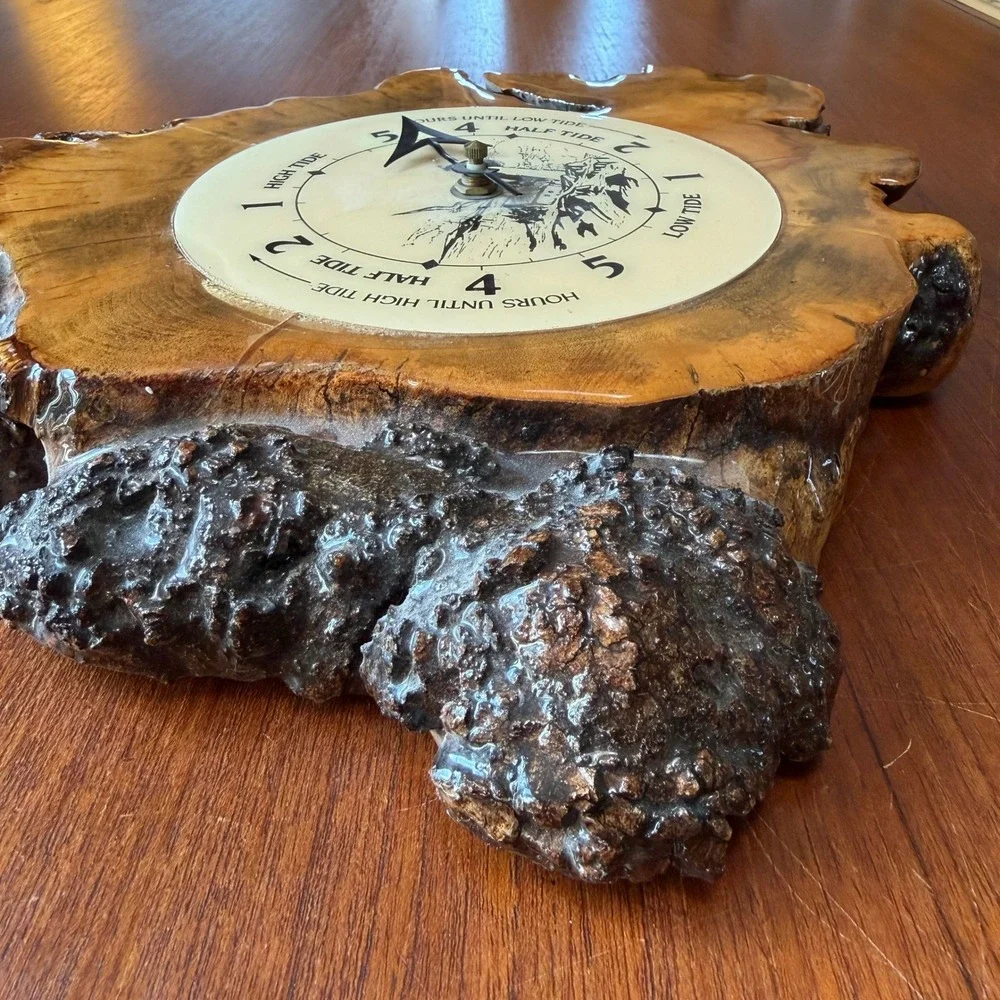 Vintage Live Edge Wood Slab Tide Clock Lighthouse Coastal Nautical Alaska Ocean